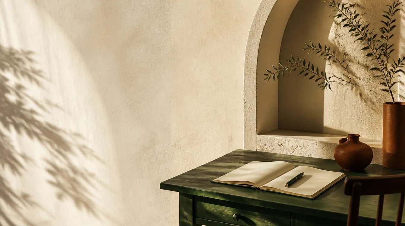 A notebook waiting on a sunlit writing desk